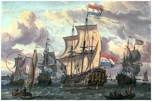 Segelfarbe vom Toppsegel (Bild: https://upload.wikimedia.org/wikipedia/commons/0/08/The_%27Pieter_and_Paul%27_on_the_IJ_in_Amsterdam_in_1698_%28Abraham_Storck%29.jpg)